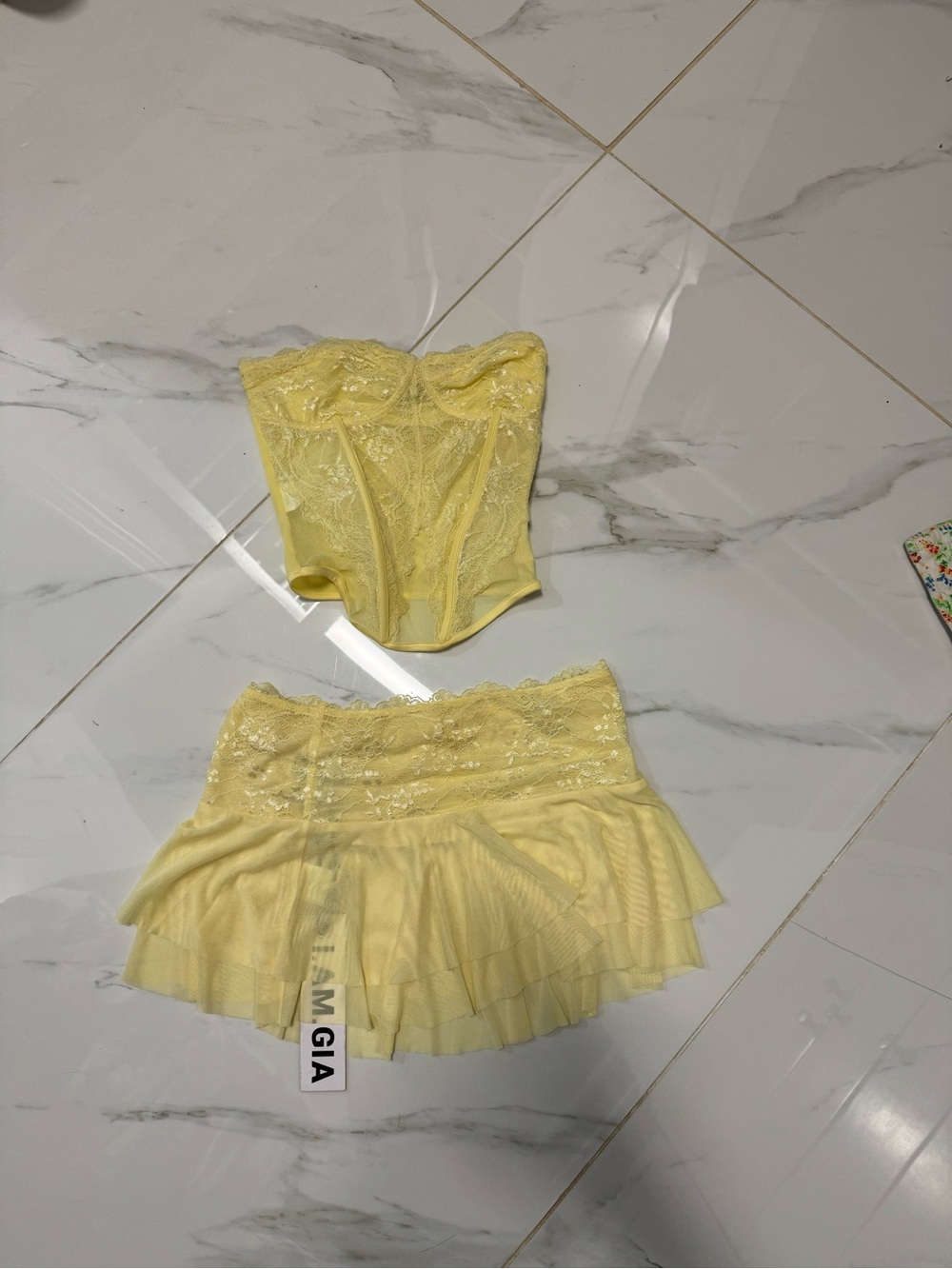 I.AM.GIA Yellow Lace Bustier and Pleated Mini Skirt Set